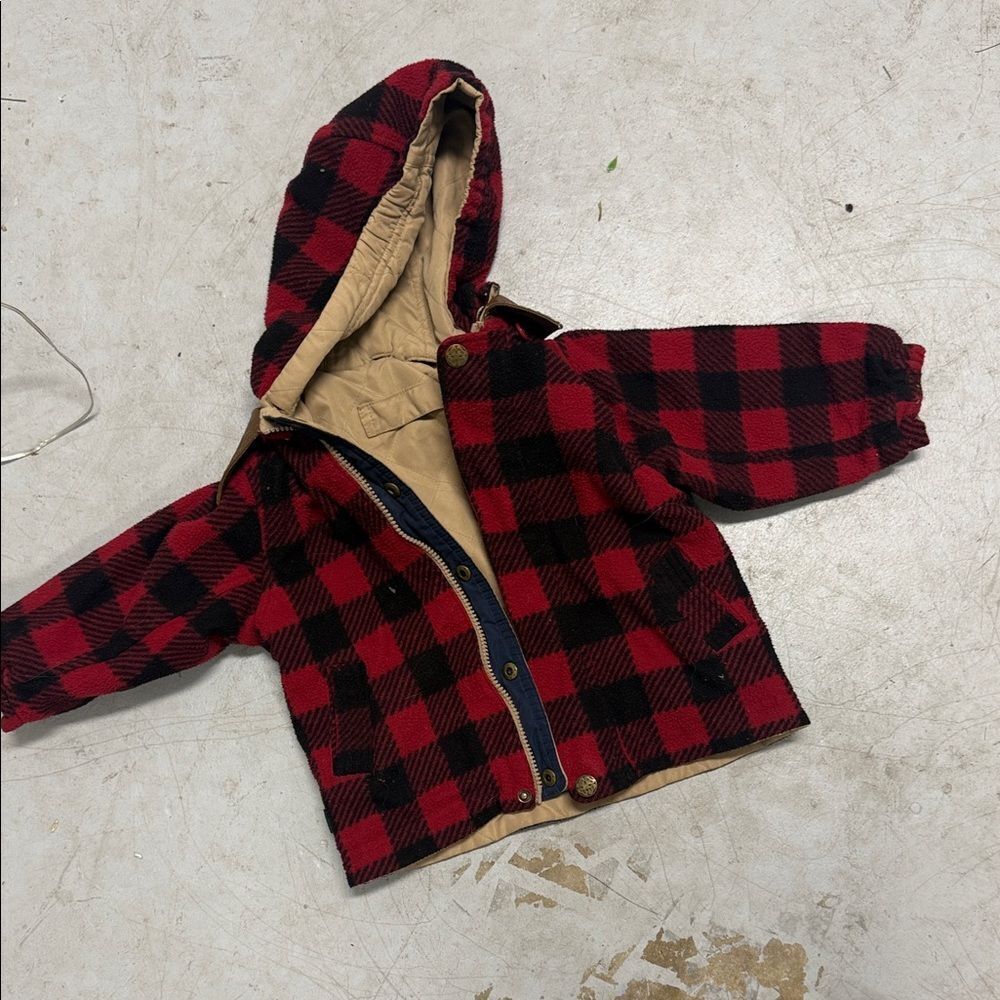 Red and Black Plaid Hooded Jacket REVERSIBLE - Tan Jacket or Soft Flannel